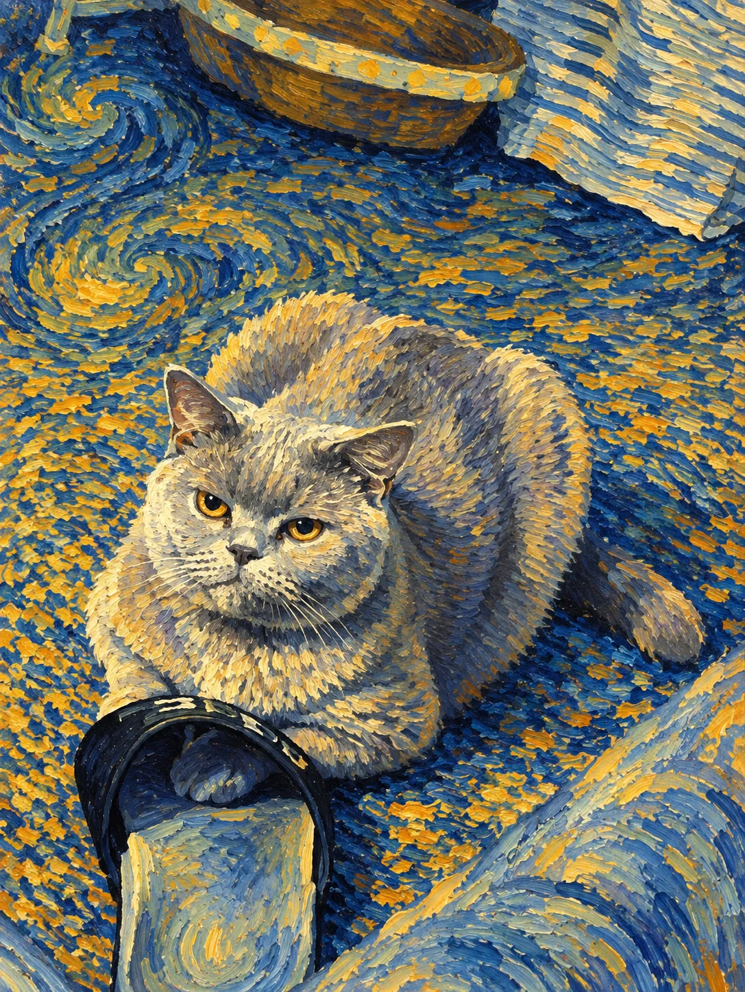 Painted gray cat beside a sandal