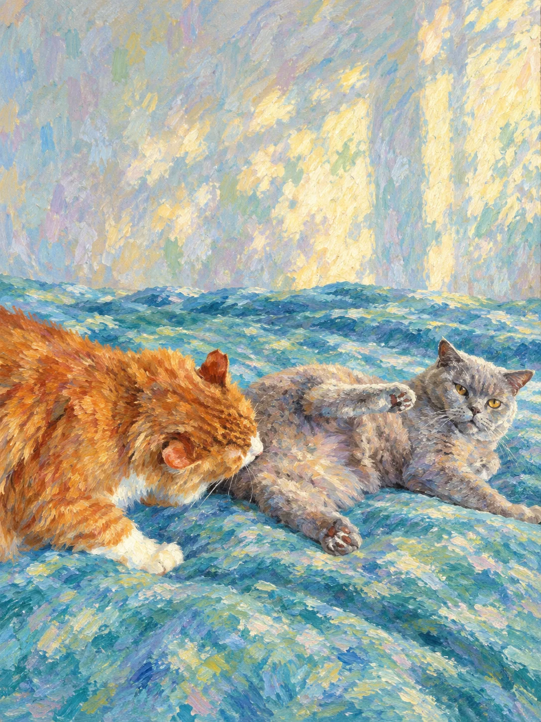 Painted orange and gray cats on a blue bed