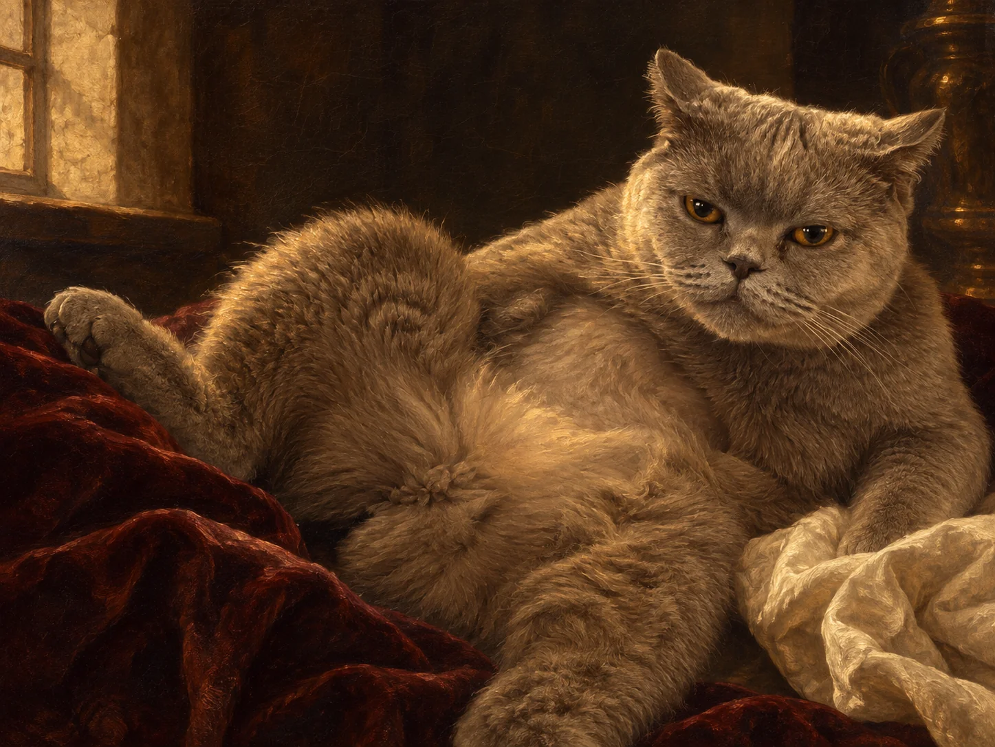 Baroque portrait of a reclining gray cat