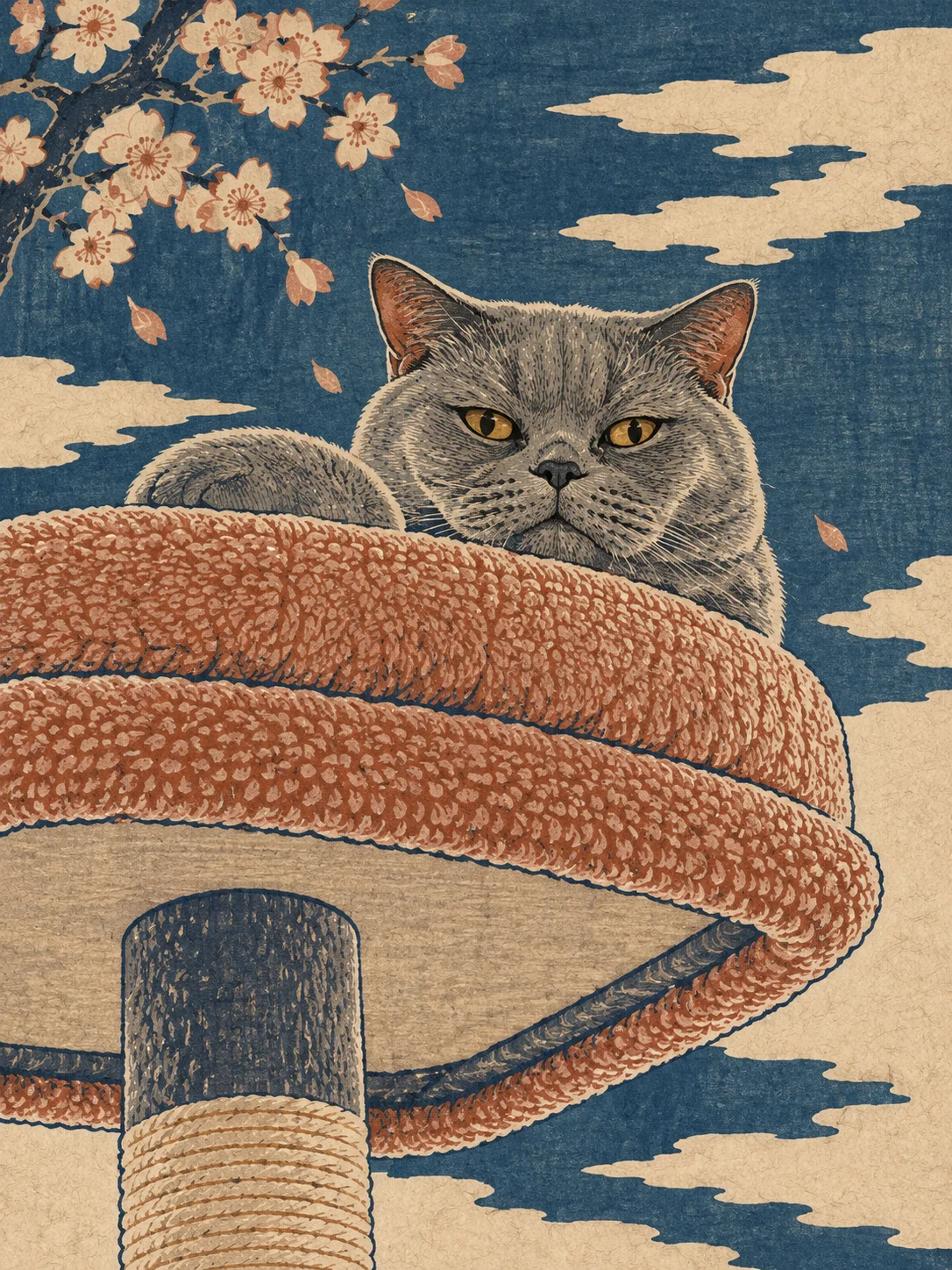 Woodblock print of a cat on its tower