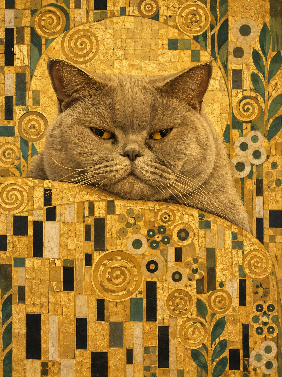 Golden portrait of a gray cat