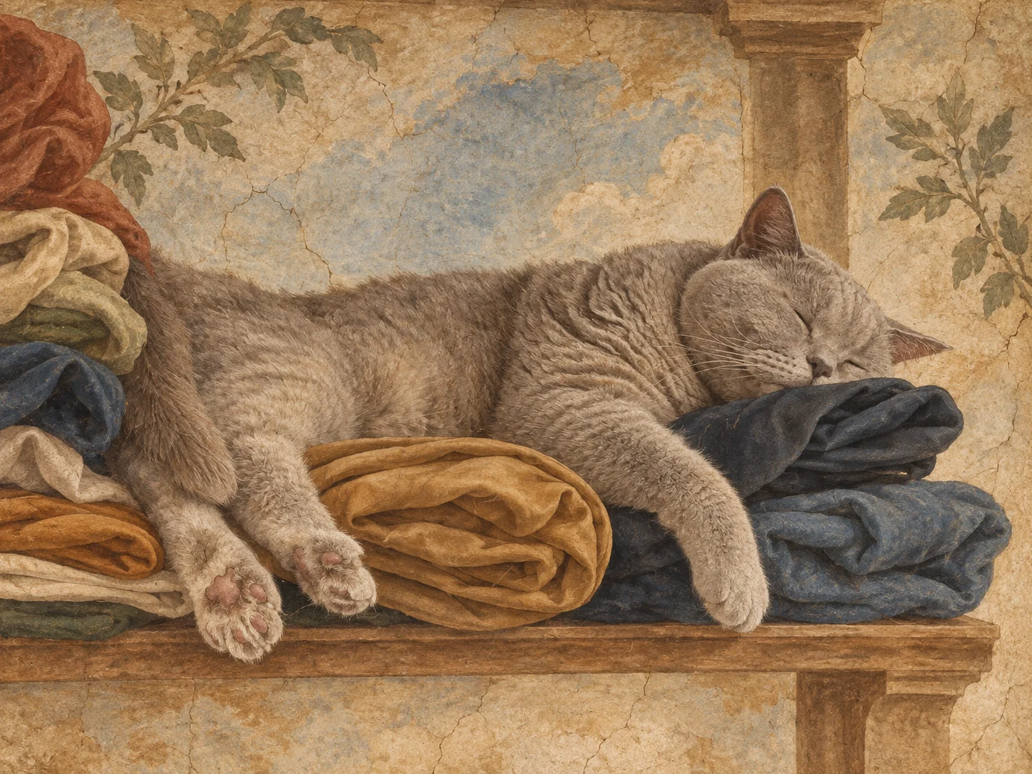 Painted sleeping gray cat on folded clothes