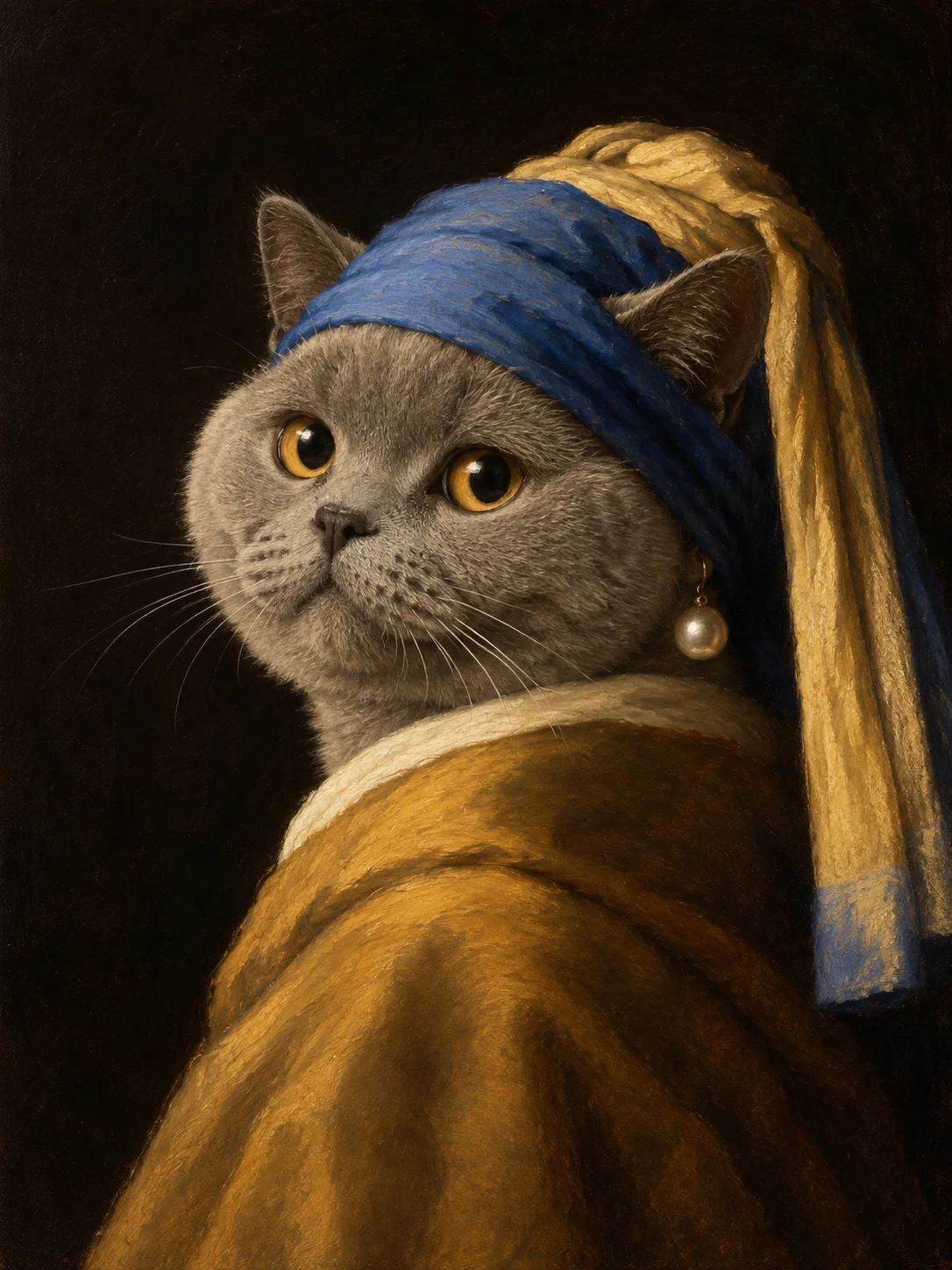 Gray cat in a pearl portrait with blue and ochre fabric
