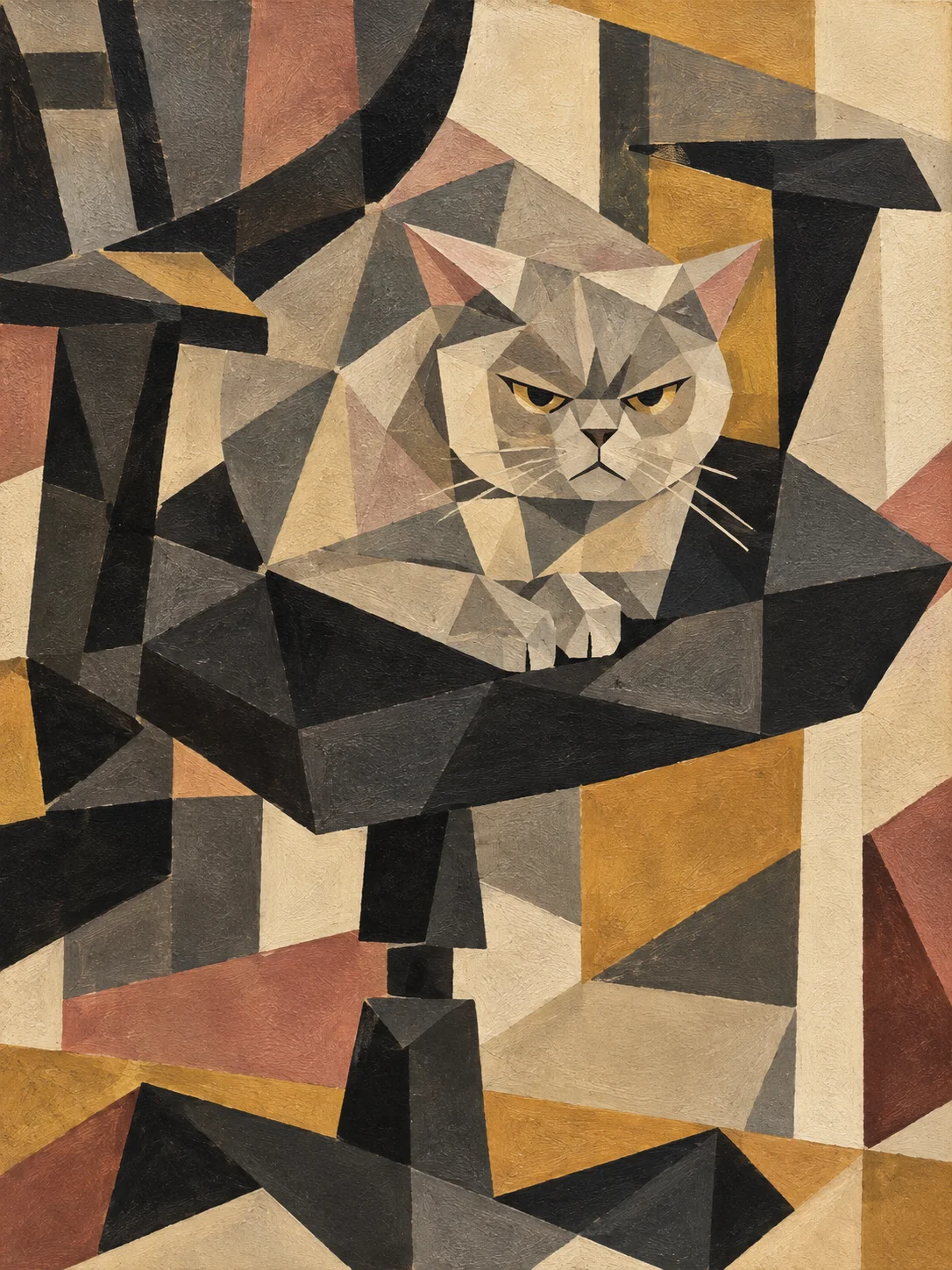 Cubist gray cat in an office chair